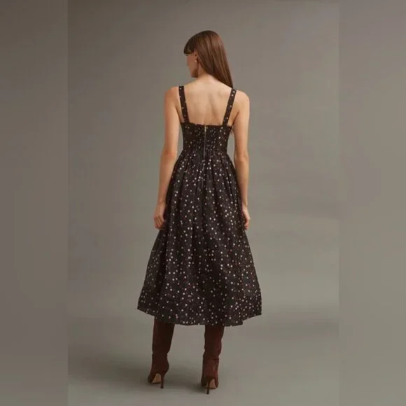 NEW Cara Cara Pheobe Midi Linen Silk Dress Stamped Dot Black US 6 UK 10 - Picture 6 of 16